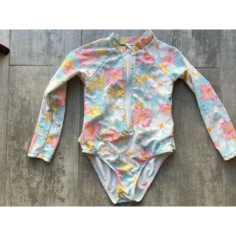 Los Angeles Boutique Girls Floral One Piece Zip Front Long Sleeve Swim Beach 4-5